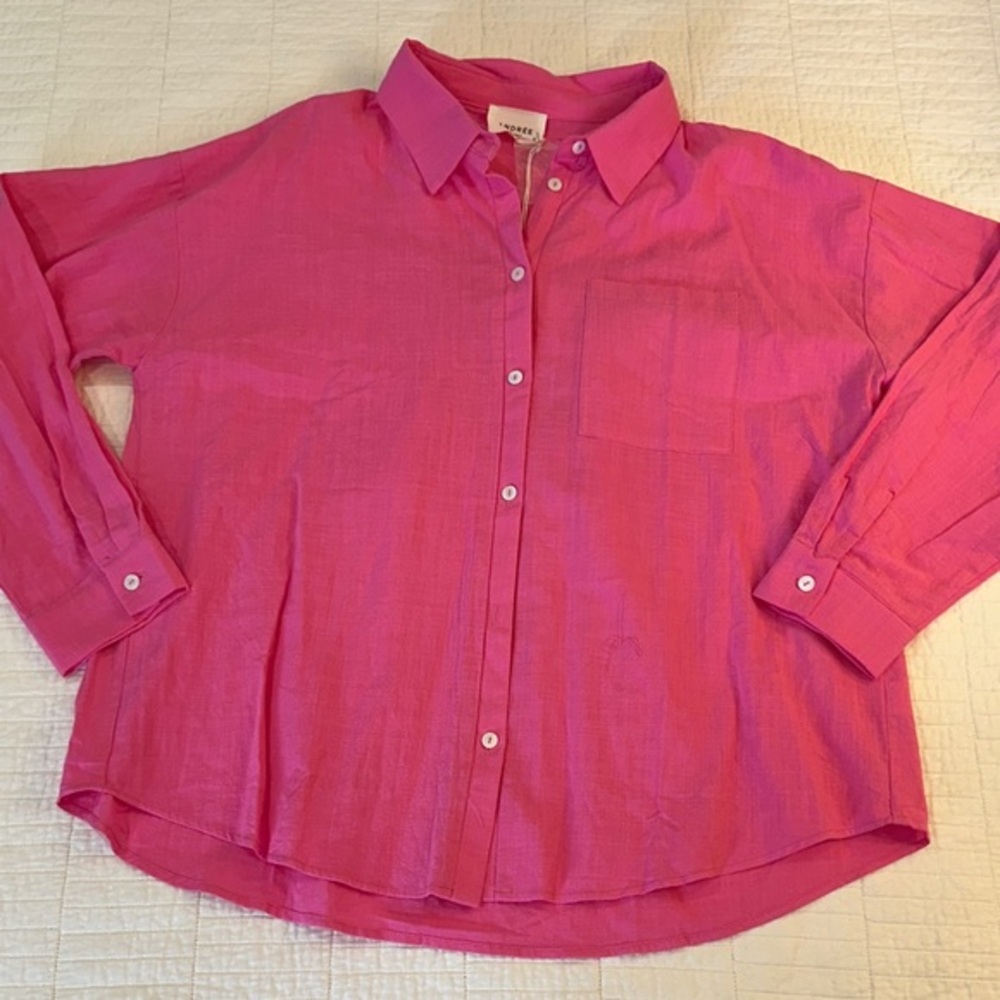 Andree Large Button Up Barbie Pink 100% Cotton NWT Elevated Basics - Picture 2 of 7